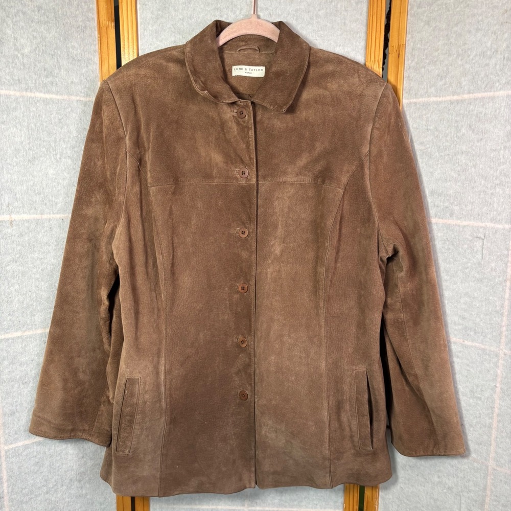 Lord & Taylor Suede Leather Jacket 1X Brown Button Front Plus Size Woman